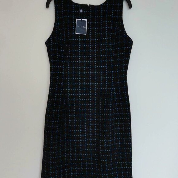 NWT OSCAR DE LA RENTA Black Blue Wool Cotton Tweed Sleeveless Pencil Dress 6 - Picture 6 of 7